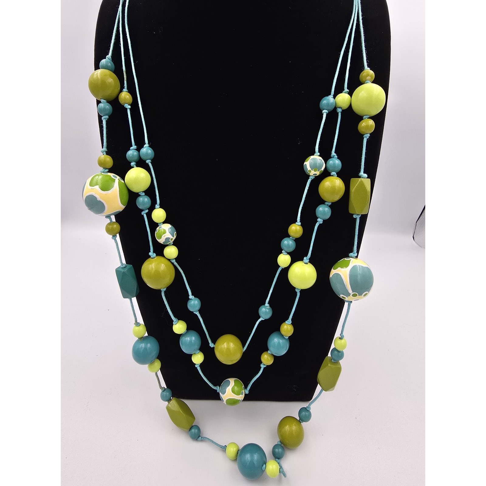 Boho Chic Multi-Strand Beaded Necklace Green Teal Cream Wood Resin